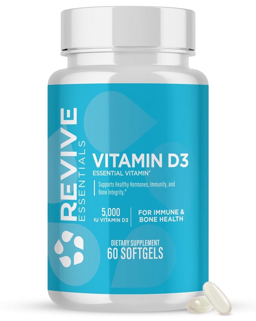Suplemento Revive MD Vitamina D3, 5000 UI - Colecalciferol de alta potência para suporte imunológico, Absorção de cálcio, Saúde óssea e muscular - Suplemento dietético não-GMO sem enchimento - 60 Softgels