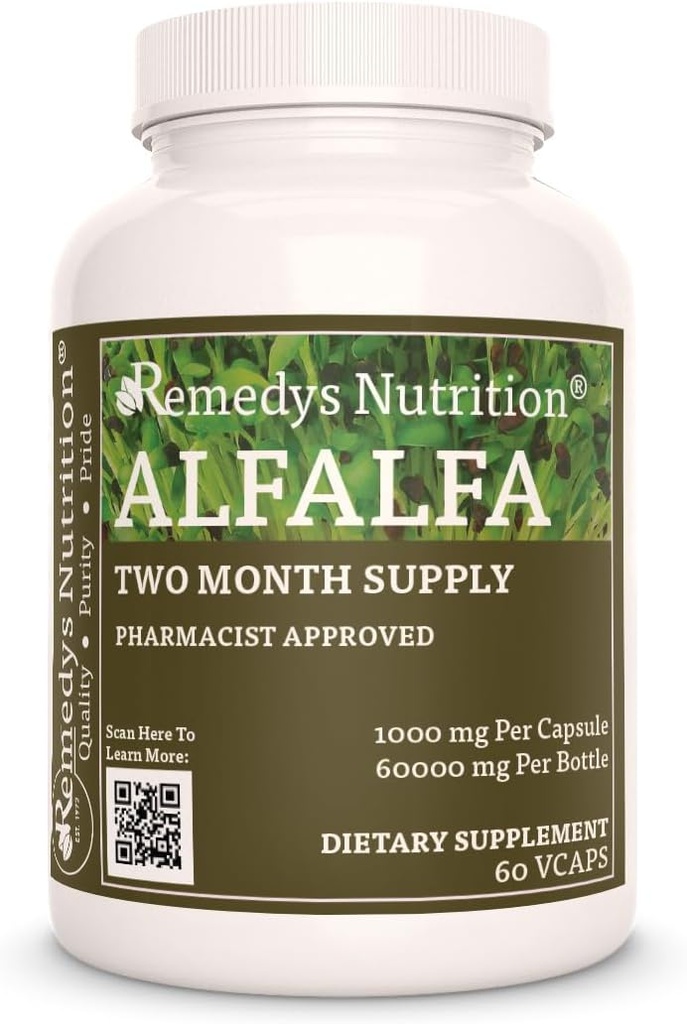 Nutrição da Remedy Alfalfa - 1.000 mg, 60 Cápsulas Vegan Suplemento Dietário de ervas - Dois meses de fornecimento