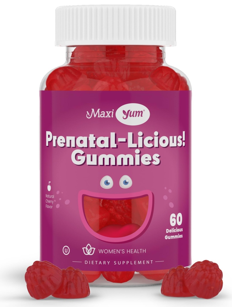 Maxi Saúde Gummies Pré-Natais Orgânicas da Mulher - Kosher Cherry Flavored Pré Natal Gummy - Vitaminas Pré-Natais para Mulheres com Ácido Fólico e Ferro para o Desenvolvimento Fetal, 60 Contagem