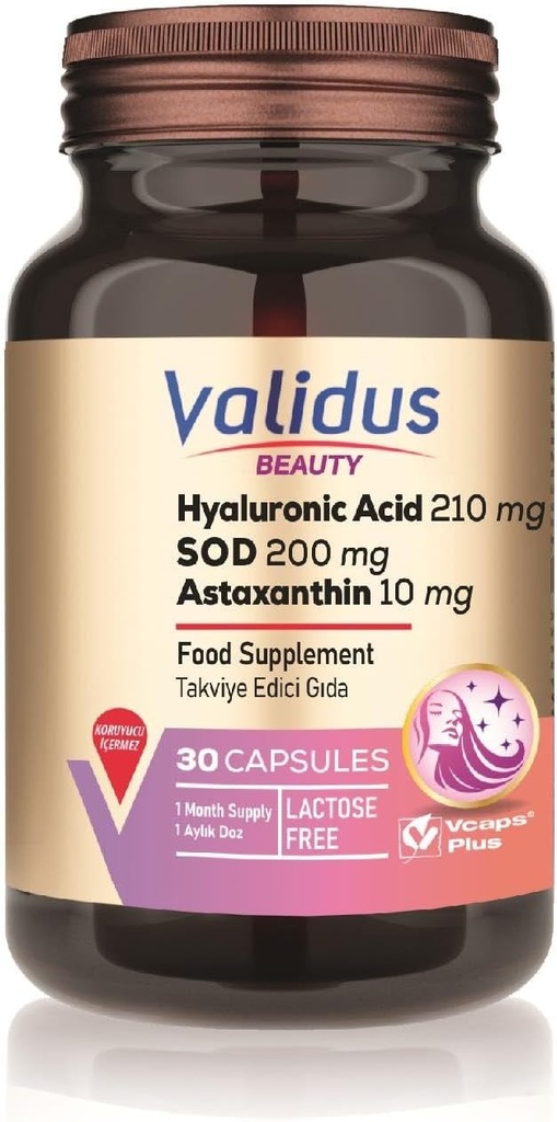 VALIDUS Ácido Hialurónico 210 mg + Astaxantina 10 mg 30 Cápsulas (Vcaps Plus)