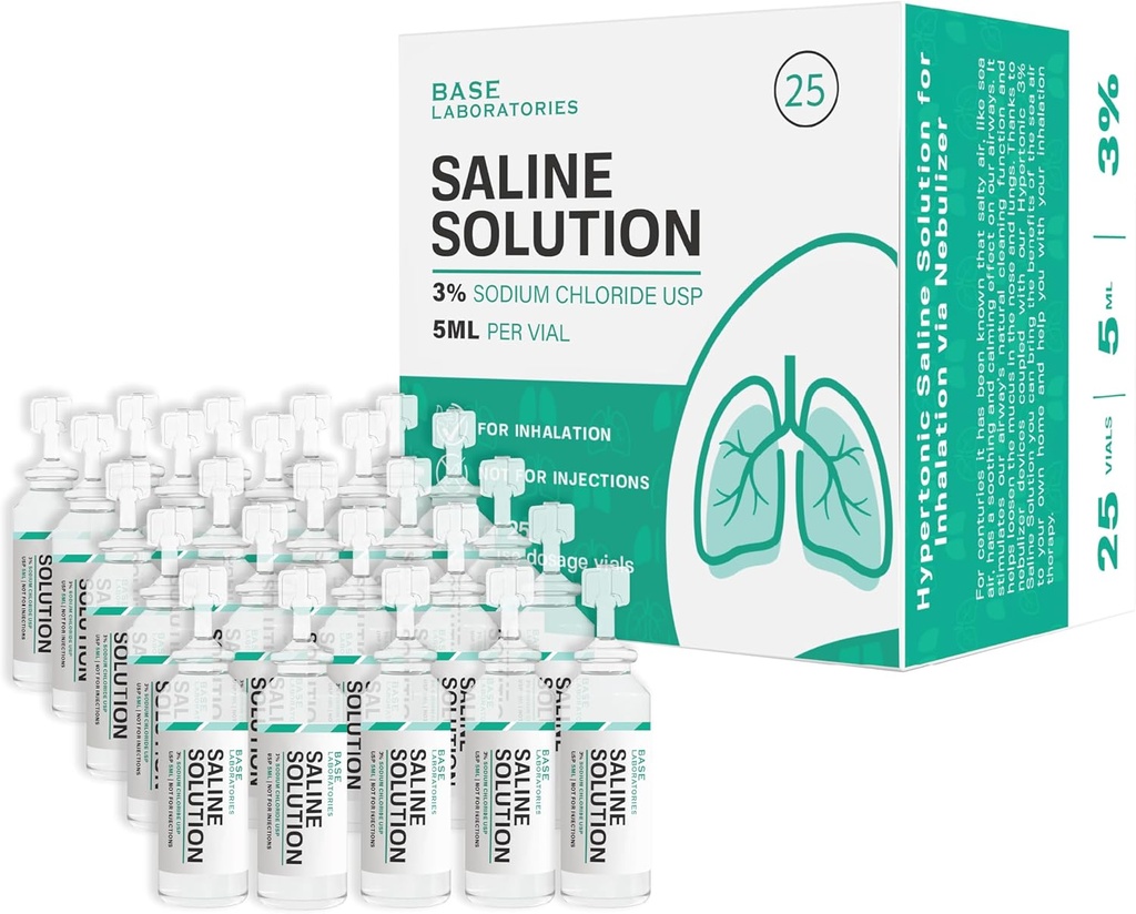BASE LABORATÓRIOS Solução salina a 3% para máquina de nebulização Solução salina para inalação e irrigação nasal Alta concentração de 3% l 25 Frascos 5ml Dose unitária