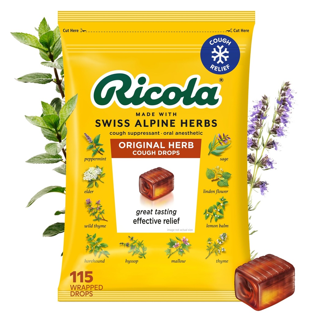 Ricola Original Herb Cough Drops, 115 Count, Tosse Supressor & Garganta Aliviando Drops com mentol de origem natural, sabor ervas agradável para tosse e irritação garganta alívio de sintomas