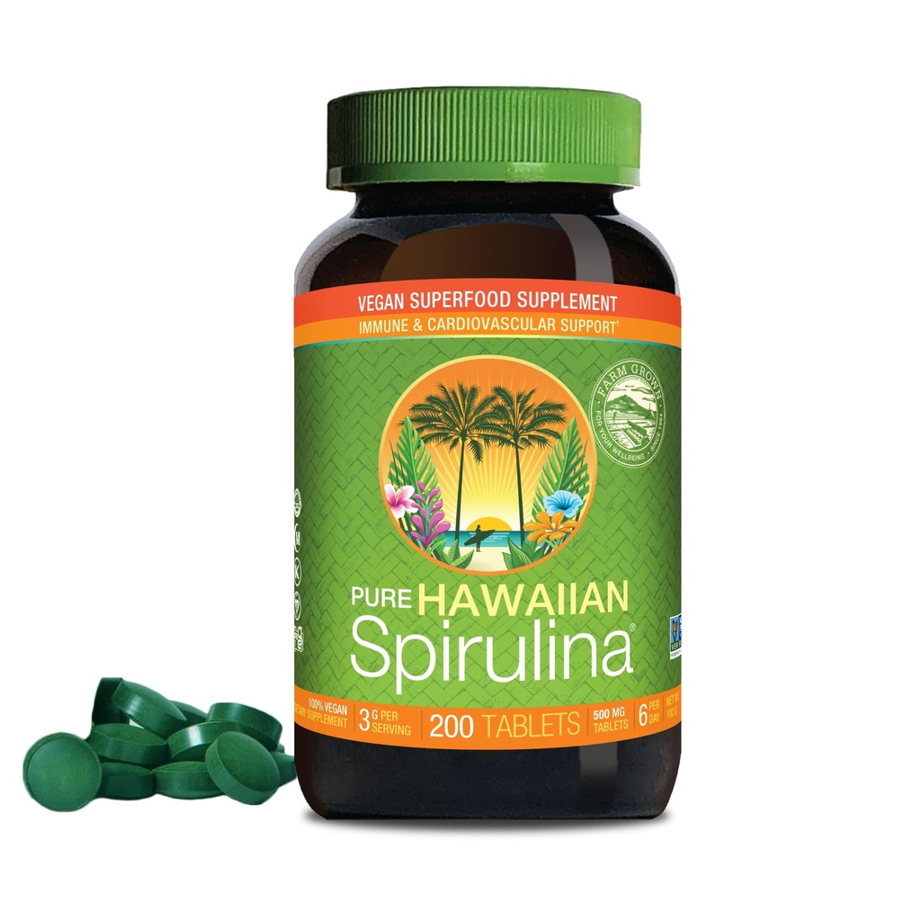 Nutrex Hawaii, Pura espirulina havaiana 500 mg, Vegan, Suporta sistema imunológico, coração, células e energia, 200 comprimidos
