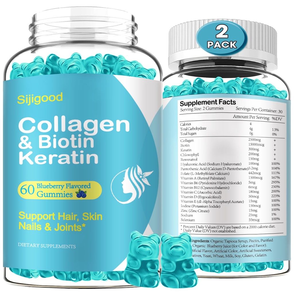 2 Pacote de pastilhas de biotina com colágeno, queratina, ácido hialurônico, vitamina para a pele, crescimento do cabelo, unhas, mulheres homens adultos Crianças - Blueberry Flavored, 120 gomas