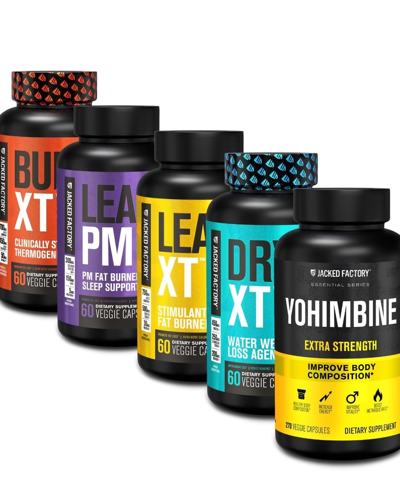 Fábrica Jacked Queimador de gordura termogênico Suplemento de perda de peso - Burn-XT Thermogenic e Lean PM Nighttime Weight Loss Sleep Aid - Lean-XT Caffeine-Free Fat Burner, Yohimbine Cápsulas, Seco XT Diurético