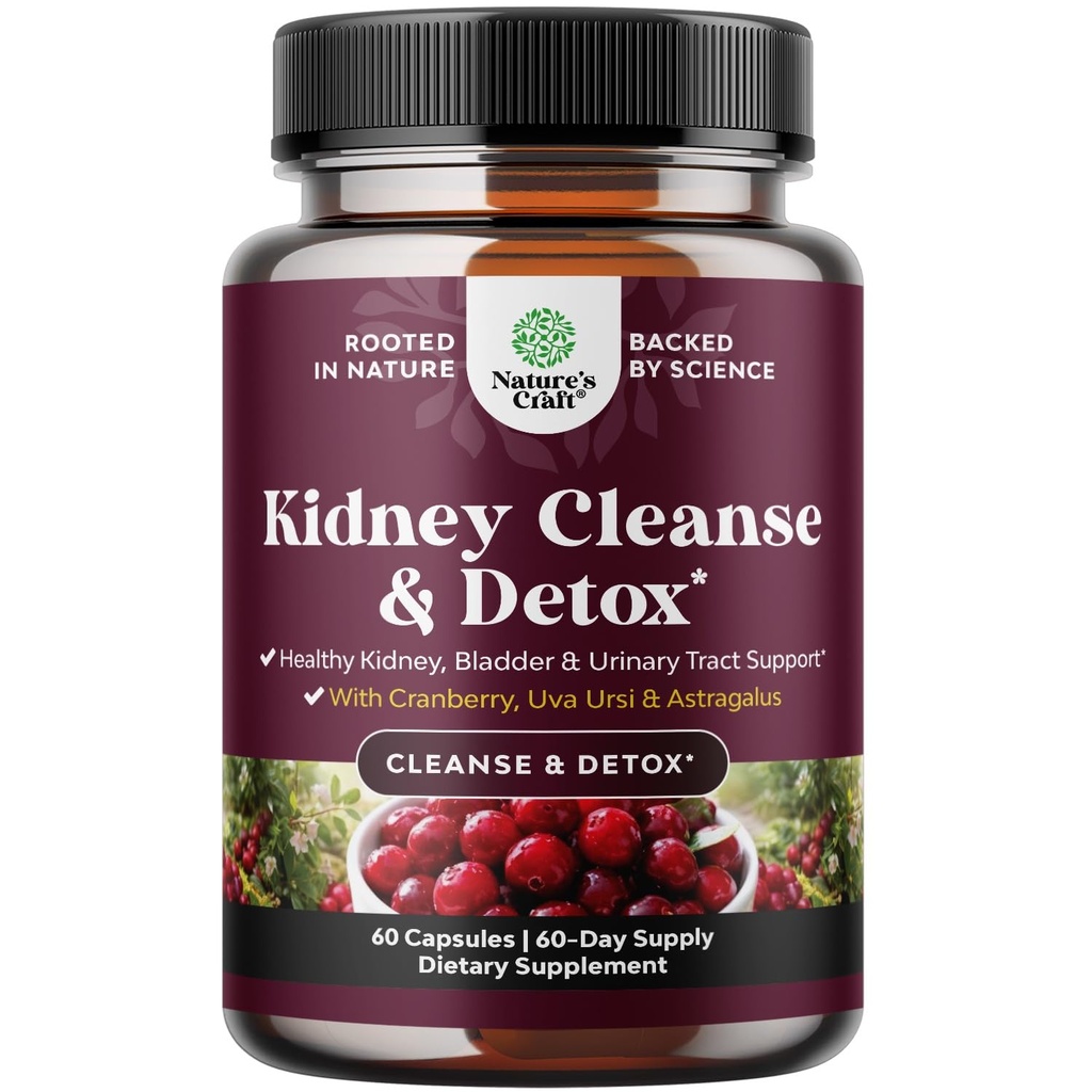 Advanced Kidney Support Supplement - Rim Cleanse Detox & Repair Cranberry Extract Cápsulas com Uva Ursi, Stinging Nettle & Astragalus para a saúde do Rim - Saúde do Trato Urinário - 60 Caps