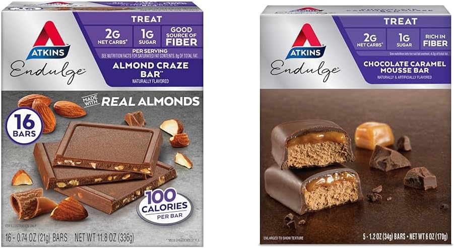 Atkins Endulge Ammond Craze Bar 16 Count & Chocolate Caramel Mousse Bar 5 Count, Keto Friendly, Baixo açúcar