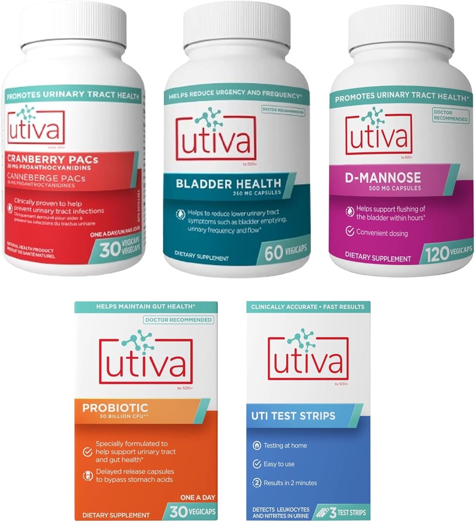 15 % Budle Utiva Cranberry PACs 30 Vegi Cápsulas + Utiva Bladder Health 60 Cápsulas + Utiva D- Mannose 500mg 120 Cápsulas + Utiva Probiótico 30 Cápsulas Vegi de libertação tardia + Utiva ITU Tiras de teste
