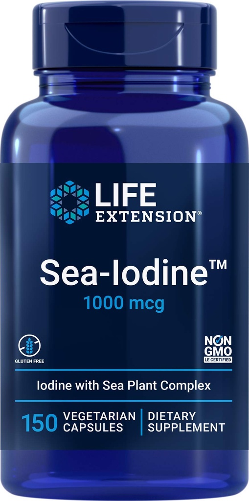 Cápsulas de Iodo-Mar de Extensão de Vida, 1000 mcg, 150 cápsulas de Veg, Suplemento de Iodo Natural de Kelp e Bladderwack