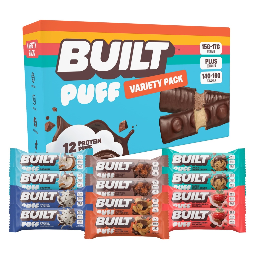 Bar construído, Puff Protein Bars, Variety Pack, Colágeno, Lanches on-the-go, Bar de café da manhã, Amostrador misto, 12 Pack