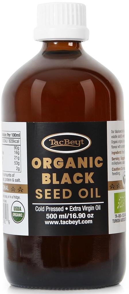TacBeyt Black Seed Oil, líquido orgânico prensado a frio, 2% de timoquinona, 100% original turco Black Seed Oil, USDA Certified, Gluten Free, Non GMO, Cold-Pressed, (Original 16.90 Fl Oz)