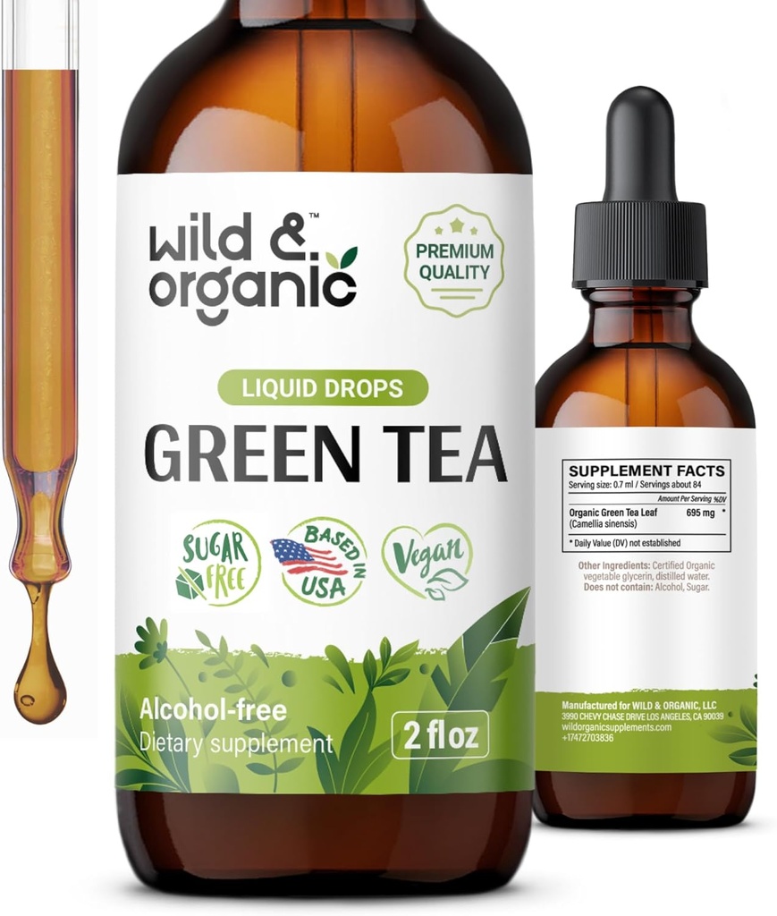 Wild & Organic Green Tea Extract Liquid Drops - Suplemento Antioxidante - Suplemento Natural Green Tea Supplements w/Camelia Sinensis - Vegan, Sugar & Alcohol-Free Tintura - 2 fl oz