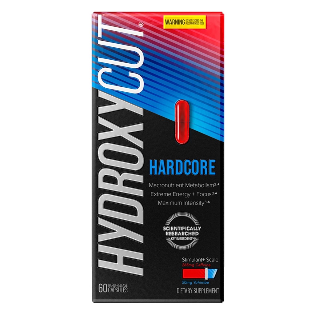 Hydroxycut Hardcore - Suplemento termogênico - Suporte de energia e metabolismo - 265 mg de cafeína Anhydrous, 50 mg de extrato de Yohimbe - Cápsulas de liberação rápida - para homens e mulheres - 60 contagem