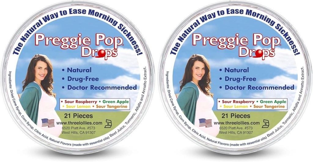 Três Lollies Preggie Pop Drops - 21 Drops - Manhã alívio da doença durante a gravidez - seguro para a mãe grávida e bebê - sem glúten - quatro sabores: limão, framboesa, maçã verde, Tangerina (Pack of 2)
