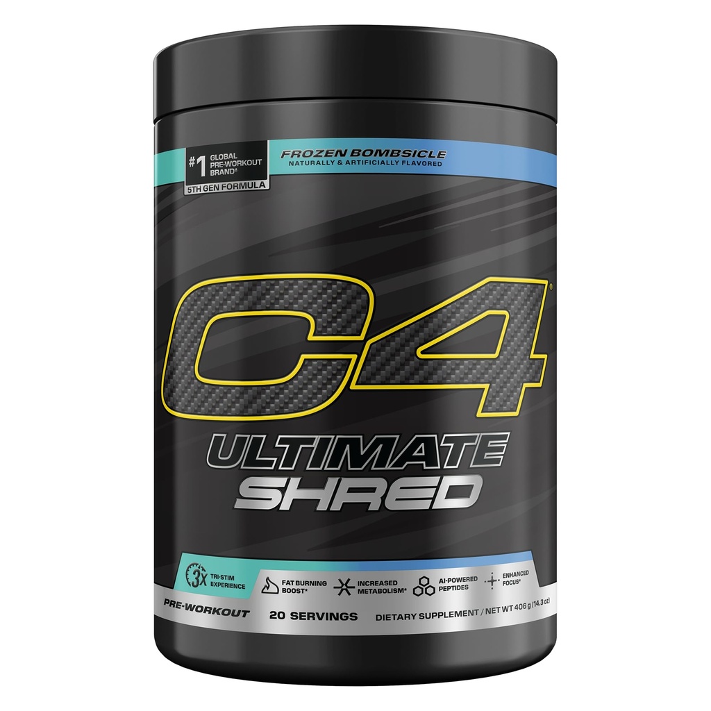 Cellucor C4 Ultimate Shred Pré Treino em pó, Metabolismo Suplemento com Cayenne Extract+300mg Cafeína+TeaCrine+Dinamina - Bombas Congeladas, 20 Servings