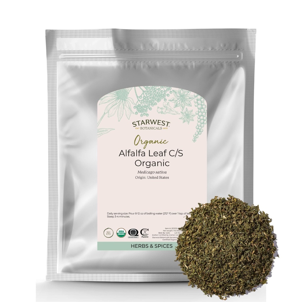 Starwest Botanicals Folha de Alfalfa Orgânica - Erva de folha solta seca para nutrição, uso em chá, suco, & smoothies, corte & peneirado, Kosher certificado, Não-GMO - Bulk 1 lb Bag