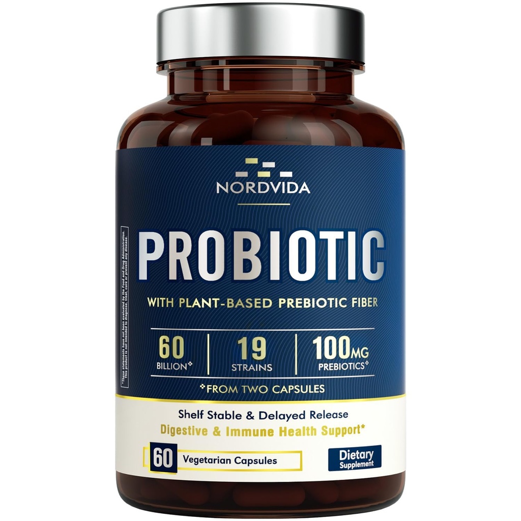 Probiótico 60 Bilhões 19 Strains com Prebiótico Orgânico para Homens e Mulheres, Digestivo & Imune Saúde, Prateleira Estável liberação tardia, Não-GMO Sem Dairy, 60 Caps Vegan