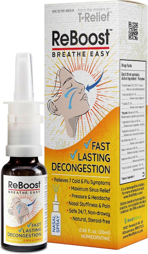 ReBoost Respirar Fácil Decongestion Pulverização nasal Agitação rápida frio e alívio de sintomas de gripe Ingredientes homeopáticos naturais Ajuda a acalmar congestão, dor de cabeça e pressão sinusal - 0,68 oz