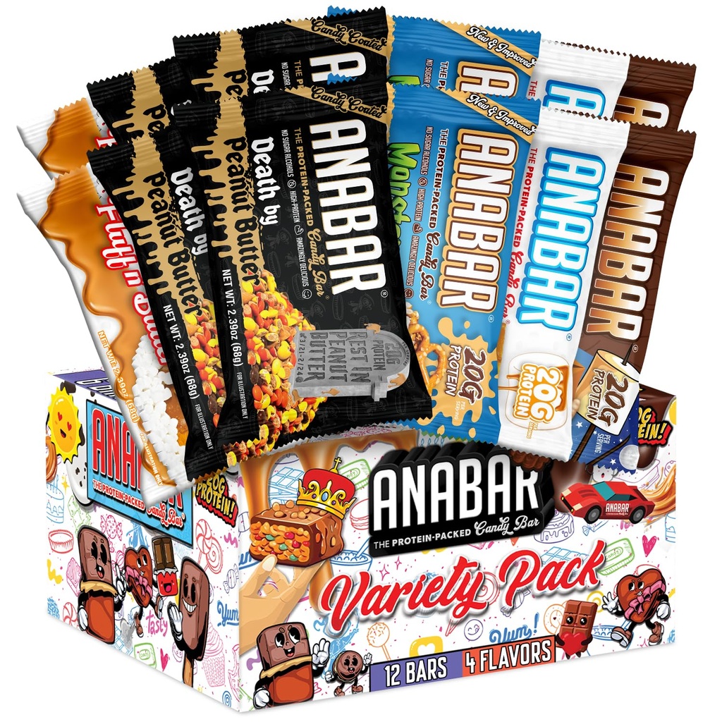 Anabar Protein Bar, The Protein-Packed Candy Bar, Best Tasting Protein Bar do mundo, Sem álcoois de açúcar, Alta proteína, incrivelmente delicioso, 20 gramas de proteína (12 barras, Variety Pack)