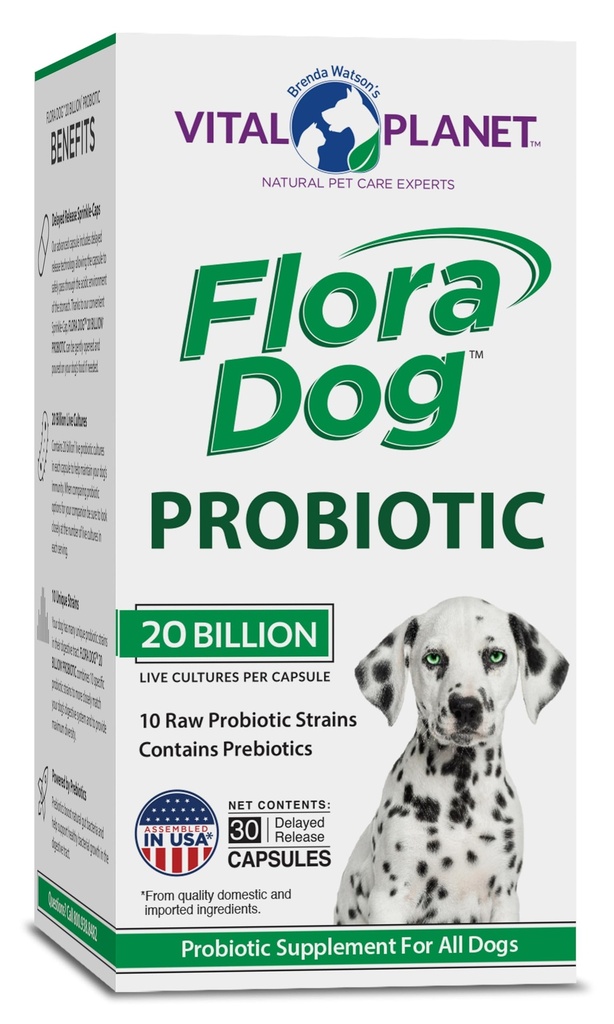 Planeta Vital - Flora Dog Probiótico Cápsulas Suplemento com 20 Culturas de Bilhões e 10 Strains, Imune de Alta Potência e Suporte Digestivo Probióticos para Cães, 30 Cápsulas de Libertação Atrasadas