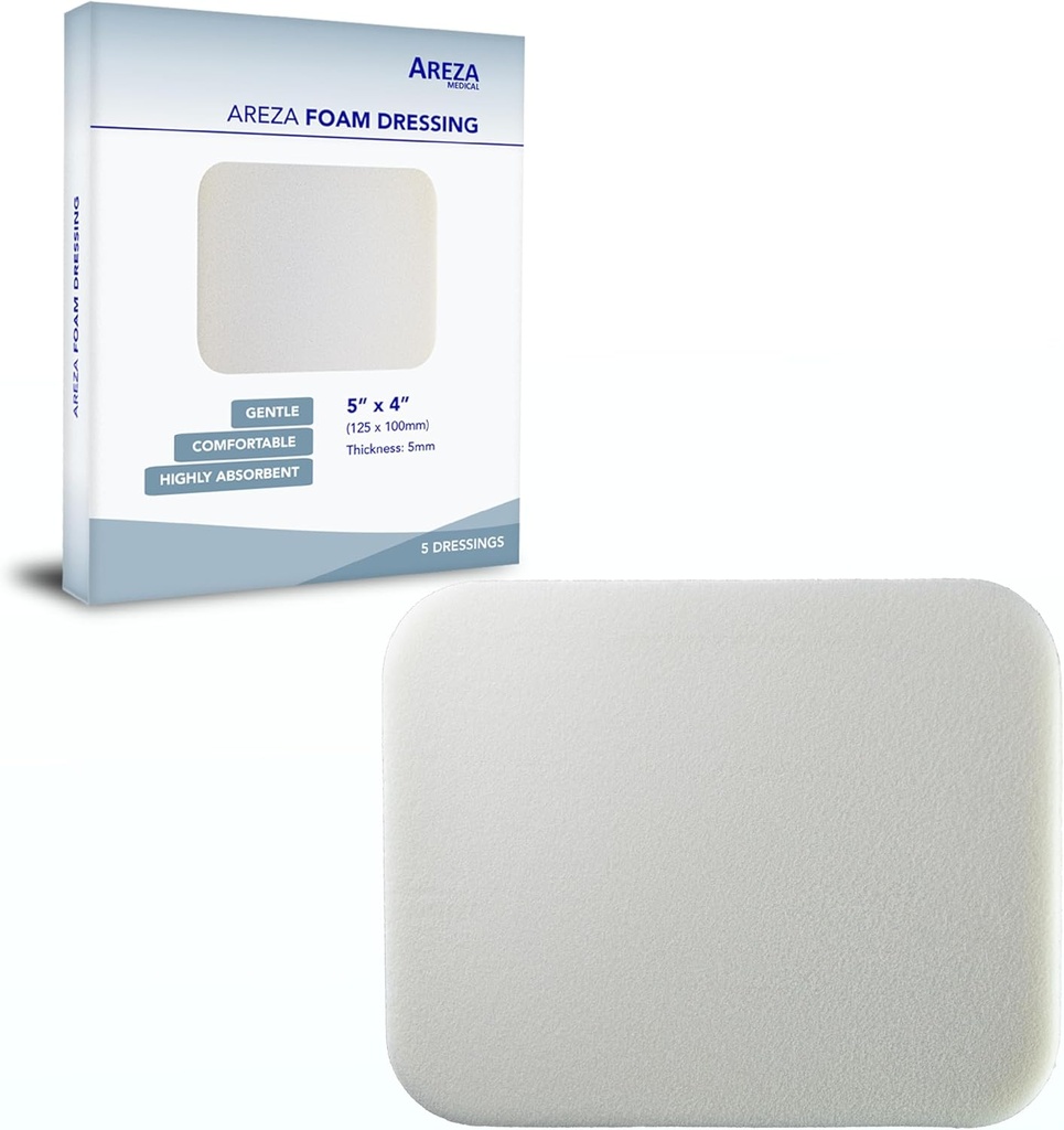 Areza Medical - Vestido de espuma - Poliuretano - Estéril - 5" x 4" (12,5 cm x 10 cm) - 5 PCS