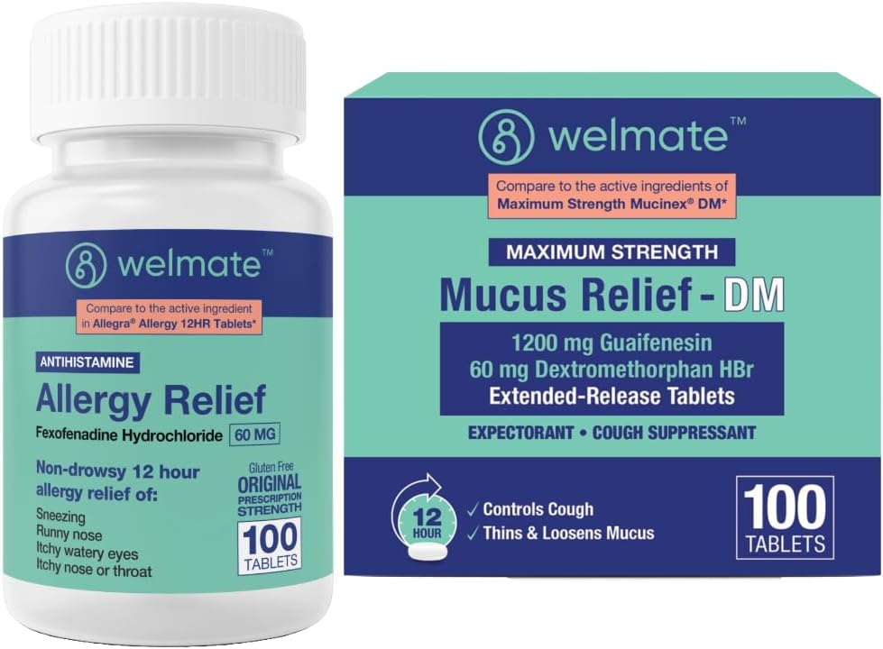 WELMATE Pacote de Saúde Respiratória Total: Alergia Alívio Fexofenadina HCl 60mg (100 Ct) Anti-histamínico não-sonolento de 12 horas + Concentração máxima de alívio de muco DM 1200mg Guaifenesina & 60mg DXM (100 Ct)