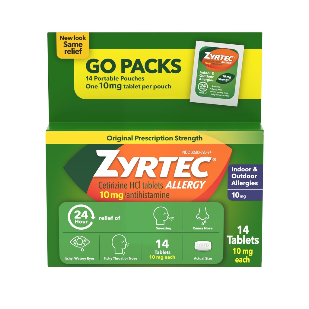 Zyrtec 24 horas comprimidos de alívio de alergia, anti-histamínicos Indoor & Outdoor Anti alergia medicina + cetirizine HCl, alívio de nariz runny, espirros, & Comichões olhos, Pacotes individuais, 14 x 1 ct pacotes