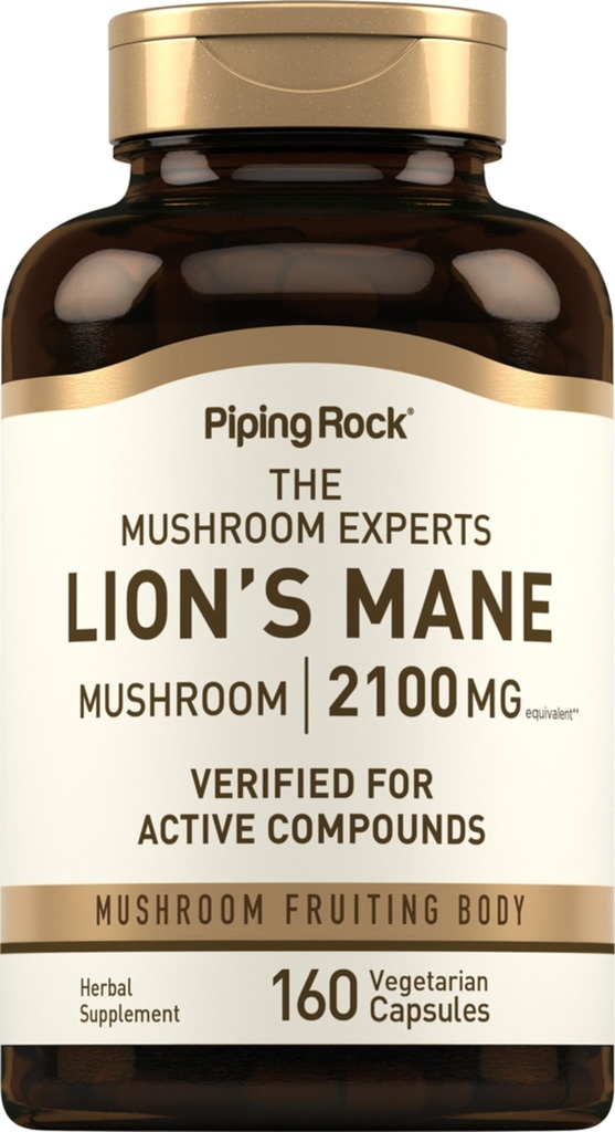 Piping Rock Lions Mane Mushroom Supplement .2100mg .160 Cápsulas . Extrato para Mulheres e Homens . Vegetarian, Non GMO & Gluten Free