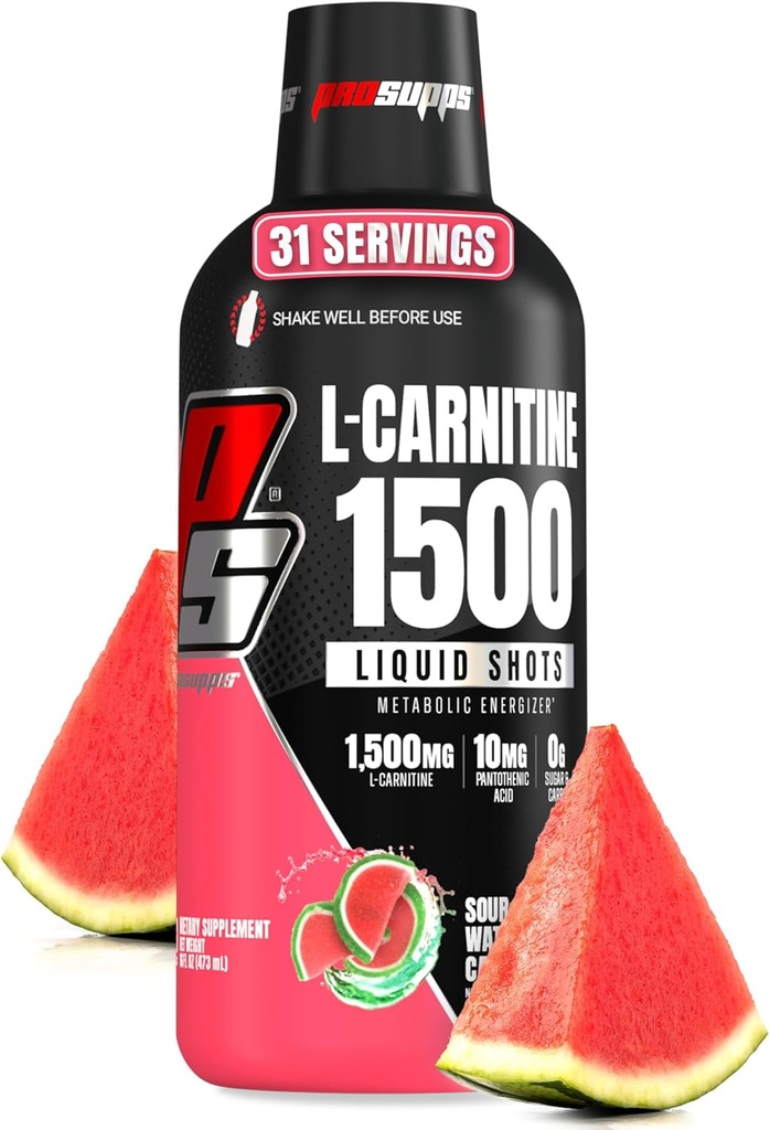 PROSUPPS L-Carnitina Líquido 1500, Estimulante-Liquido Livre Tiros para homens e mulheres - Puro pré-trabalho Beber para energia, desempenho e recuperação muscular - Sem açúcar, Sem carboidratos - 31 Servings, Candy de melancia