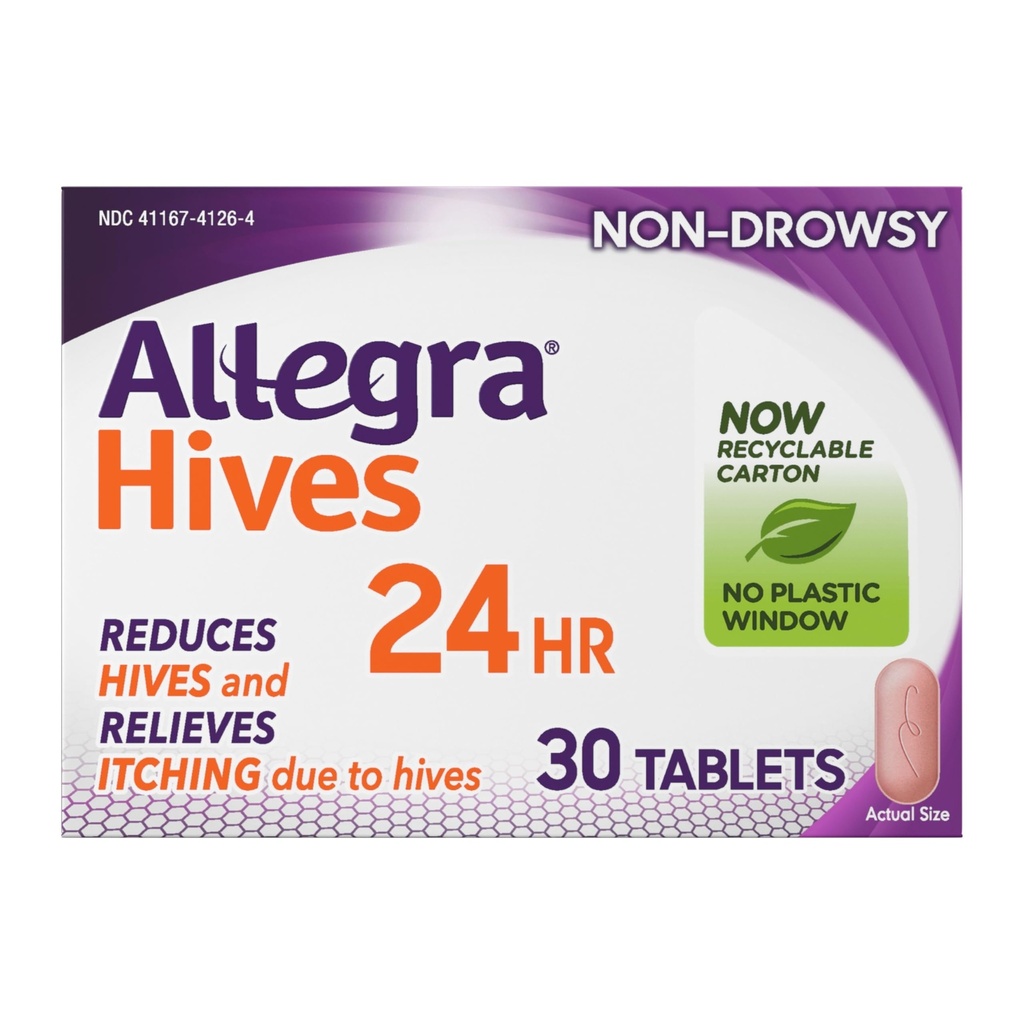 Allegra Hives Anti-histamínico Comprimidos de 24 horas, Redução da Colmeia Não-Drowsy e alívio da comichão na colmeia, 180 mg de Fexofenadina HCI, 30-Count
