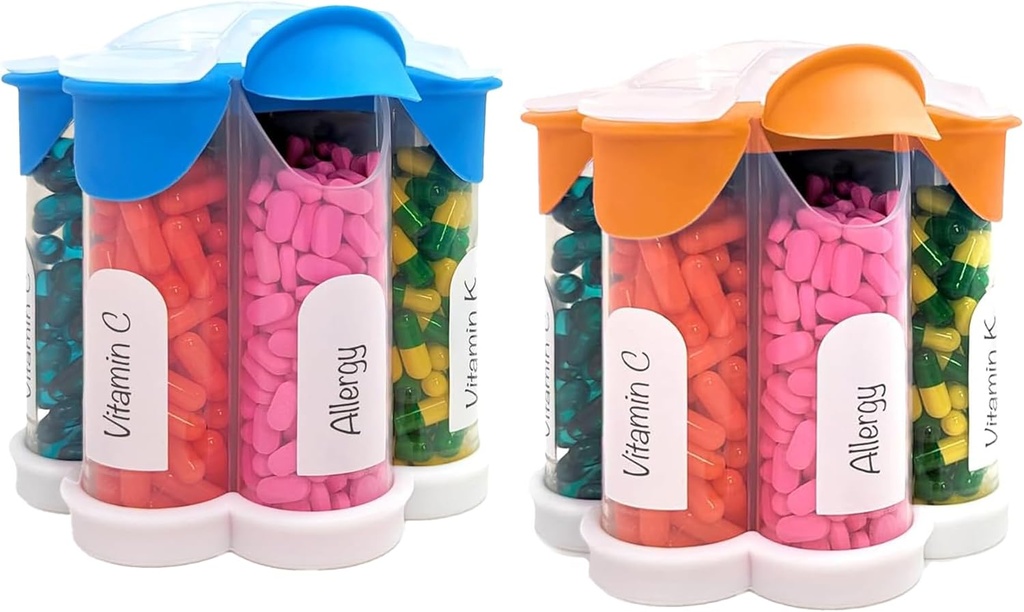 Organizador de comprimidos extra grande diário, semanalmente, garrafa de suplemento mensal, Dispensador bonito da pílula da flor com 7 compartimentos XL (2 pacote Combo) (azul claro e laranja)