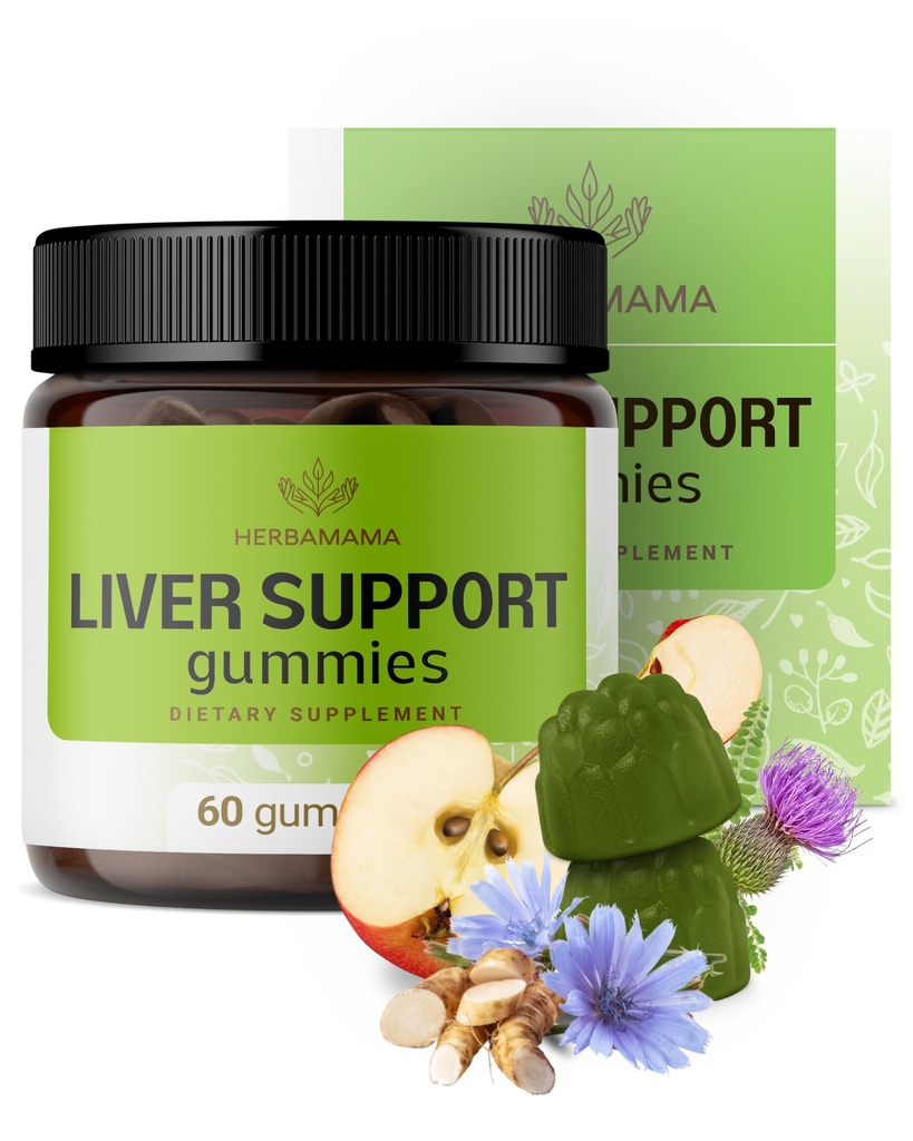 HERBAMAMA Liver Support Gummies - Complexo de ervas para desintoxicação de fígado e limpeza - Vegan, Não-GMO Suplemento de suporte global - 60 mastigação de maçã à base de pectina
