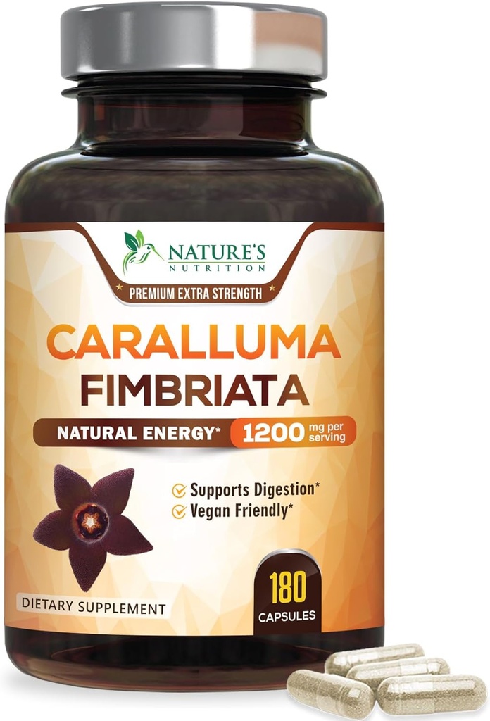 Pure Caralluma Fimbriata Extract Altamente Concentrado 1200mg - Natural Caralluma Fimbriata Cápsulas Suporte Endurance, Melhor Suplemento Vegan para Homens e Mulheres, Não-GMO - 180 Cápsulas