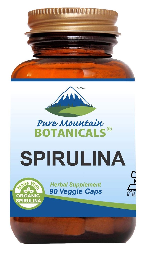 Pure Mountain Botanicals Spirulina Cápsulas - 90 Kosher Vegan Caps - Agora com 450mg espirulina orgânica em pó - Suplemento Superalimentar da natureza