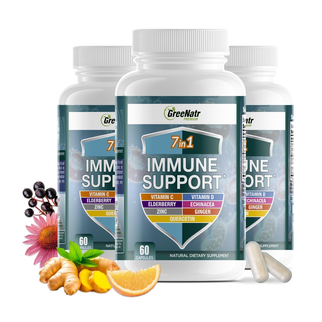GreeNatr Immune Support Supplement com Vitamina C, D3, Zinco 50mg, Quercetin, Echinacea Purpurea, Sambucus Elderberry e Ginger para Defesa Imune Completa - 60 Cápsulas (3 Garrafas)
