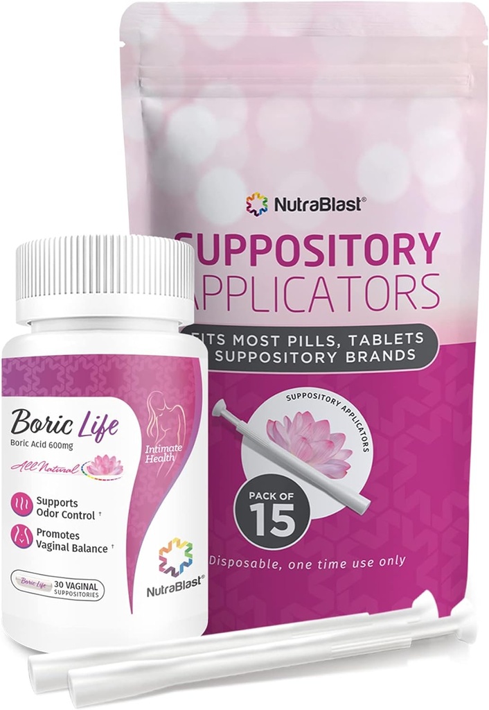 NutraBlast Ácido Bórico Supositórios Vaginais 600mg Pacote com Aplicador, 30 Supositórios e 15 Aplicadores - Cuidado feminino - Made in USA