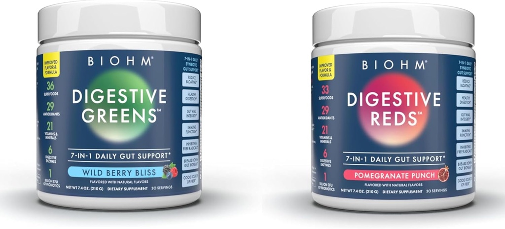 BIOHM Essential Bundle, Vermelhos e Verdes Digestivos, Pó de Superalimento, Antioxidantes, Vitaminas, Probióticos, Saúde Digestiva para Homens e Mulheres, Suplemento de Digesção com Enzimas, 30 Servos Cada