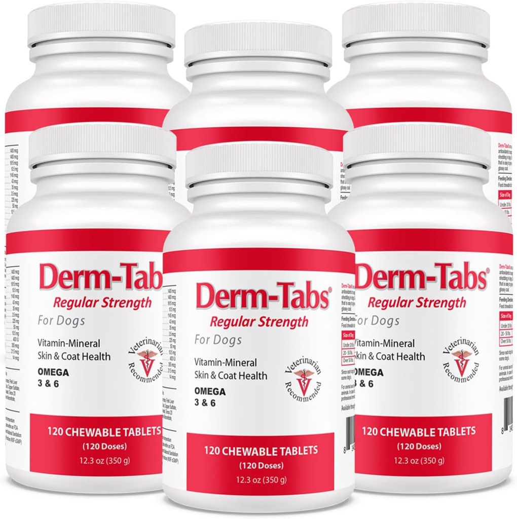 Derm Tabs Força Regular para Cães - Óleo Natural, Vitaminas, Minerais e Antioxidantes - Apoiar Pele Saudável e Reduzir Pastas - 720 Comprimidos Mastigáveis