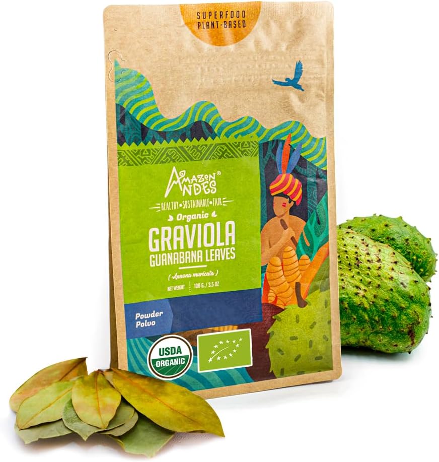 Andes Graviola deixa pó Anonna muricata - Rico em Vitamina C & Fibras - Sistema imunológico Estimulante - USDA NOP Suplemento - Soursop - Gluten Free, Vegan, & Non GMO - 100gm / 3.5oz (20 Serving)