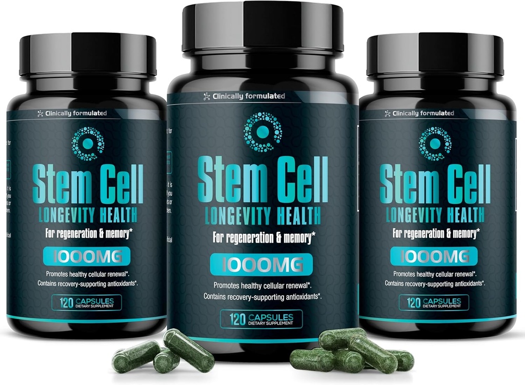 Premium Stem Cell Supplements 1000mg (360 Caps) Aumentar a Imunidade, Reduzir a Dores Conjuntas, Apoiar o Antienvelhecimento Natural e Longevidade com espirulina e chlorela para Vitalidade, Celulas Madre Health Formula