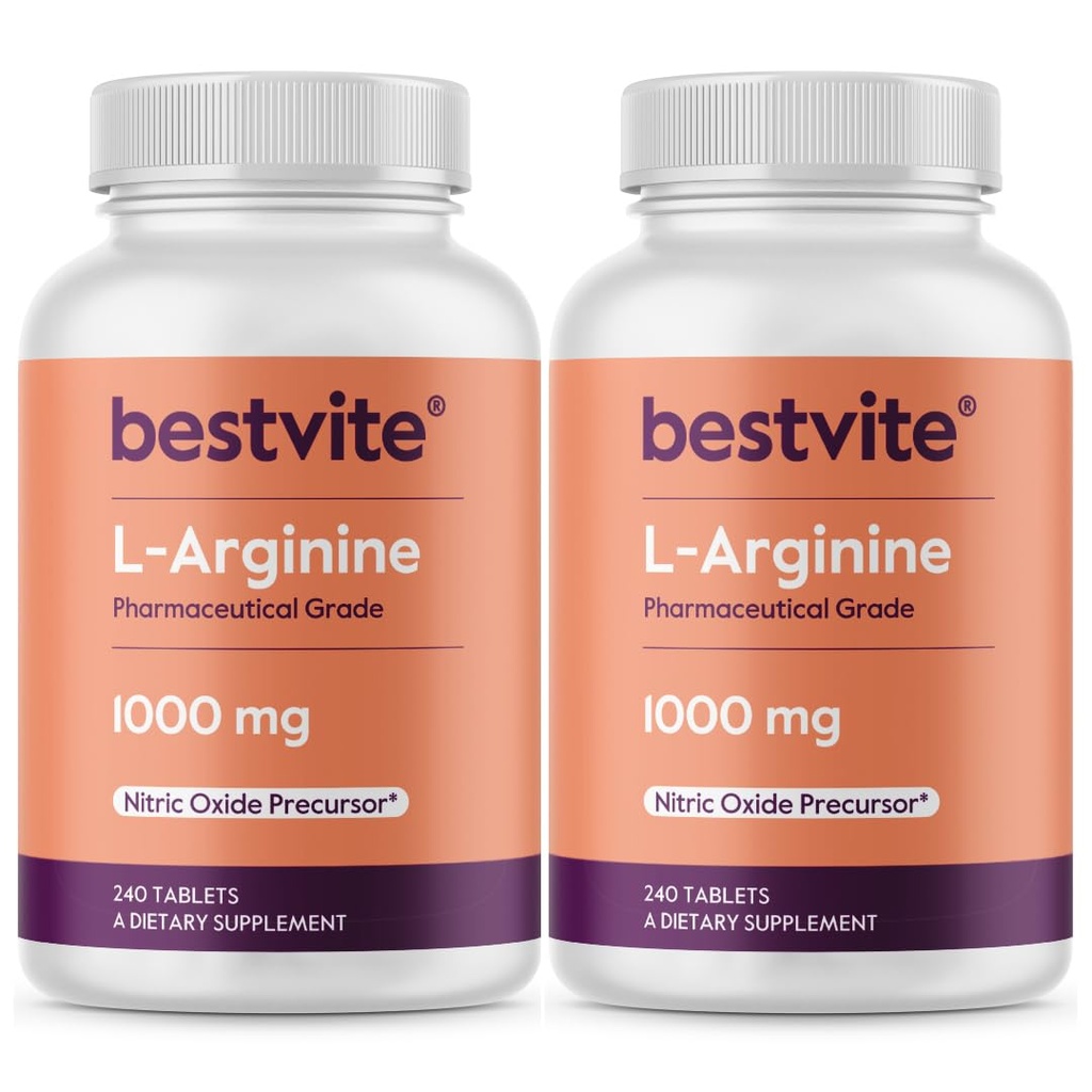 BESTVITE L-Arginina 1000mg por comprimido (480 comprimidos) (240 x 2) – Grau Farmacêutico – Contém 20% mais puro Arginina em comparação com HCl arginina – Precursor de óxido nítrico