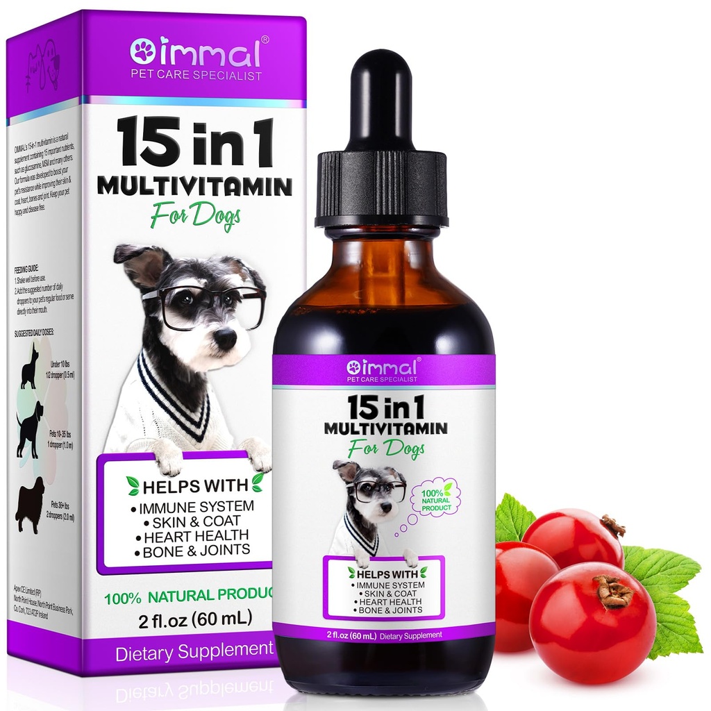 15 em 1 cão multivitamínico, multivitamínico líquido tudo-em-um para cães, vitaminas do cão e suplemento com digestivo, imunidade, pele alérgica e revestimento de suporte, quadril & conjunto, todas as idades, raças 2 onças