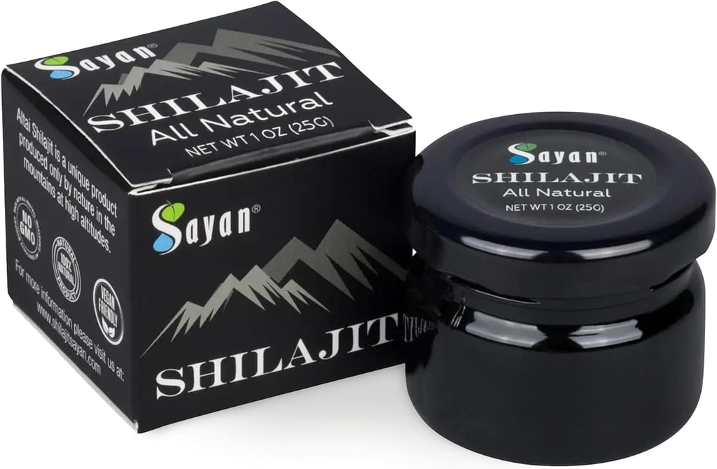 Sayan Puro Shilajit Resin 1 oz/25g, Frasco de vidro, 250 Servões - Potente suplemento ácido fúlvico orgânico - Suporta sistema imunológico, memória, foco, e fornece energia natural, Detox - Vegan, Não-GMO