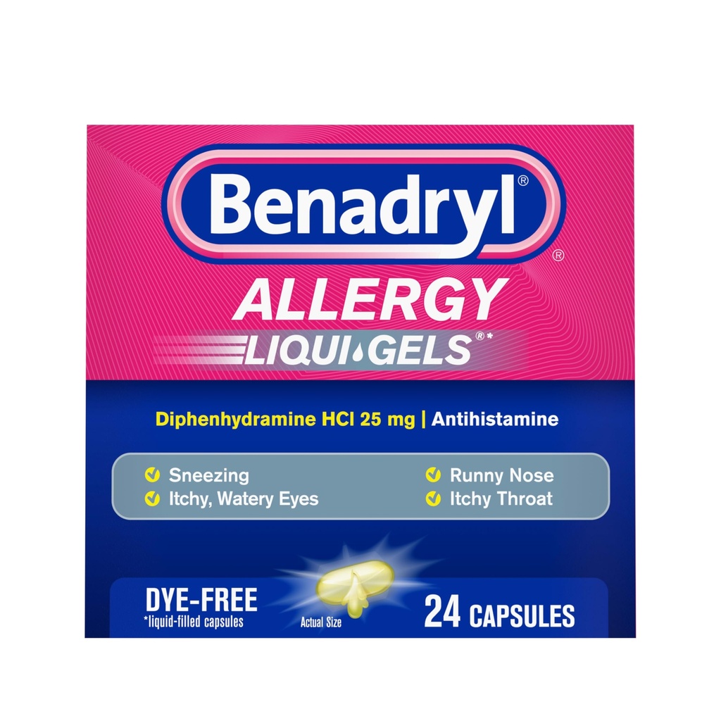 Benadryl Liqui-Gels Allergy Medicine, Cápsulas de Gel Líquido Livre de Corantes com 25 mg de Difenidramina HCl Anti-histamínico para alívio de alergia e sintomas frios como nariz runny & espirros, 24 quilates