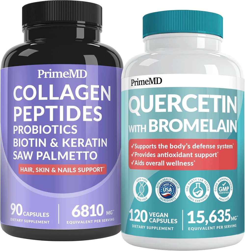 27-em-1 Pele de cabelo e unhas Vitaminas (6810mg) w/biotina e Colágeno Crescimento do cabelo Vitaminas com Probióticos e Serra Palmetto, 90 ct - 28-em-1 Quercetina com Bromelaína para a Defesa Diária Imune (120ct)