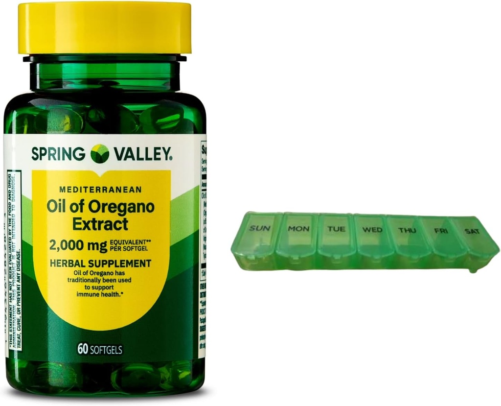 Spring Valley Mediterrâneo Óleo de Orégano 2000 mg 60 Softgels para Saúde Imune com Organizador de Pílulas