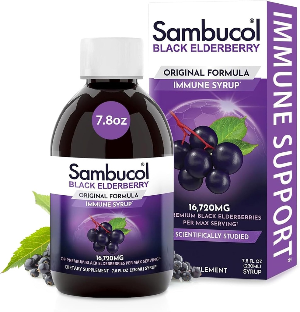Sambucol Black Elderberry Syrup - Sambucus Elderberry Syrup para Adultos Suporte Imune, Elderberry Líquido, Extrato de Elderberry, Sem glúten - 7.8 Fl Oz