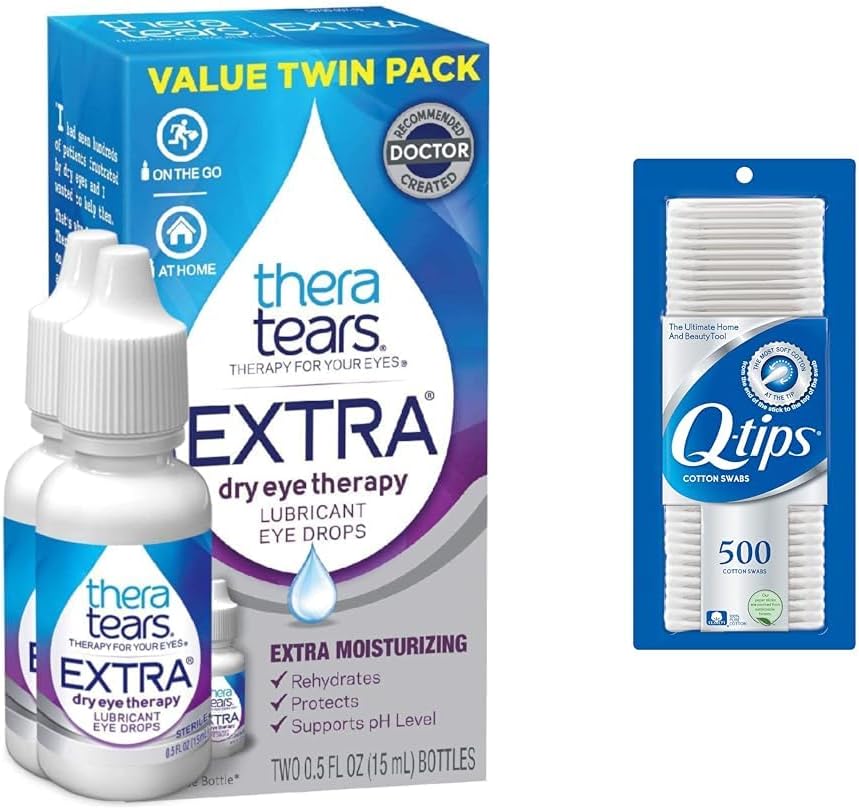 TheraTears Extra Dry Eye Drops 0.5 fl oz 2 Contagem com Q-Dicas 100% Cotonete 500 Contagem
