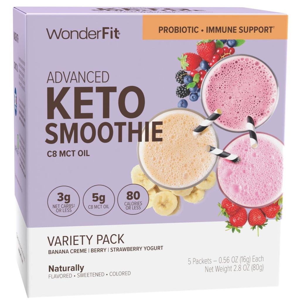 WonderFit by WonderSlim Keto Smoothie com óleo C8 MCT, Variety Pack, 1-3g de carboidratos líquidos, sem glúten, suporte probiótico e imunológico (5ct)