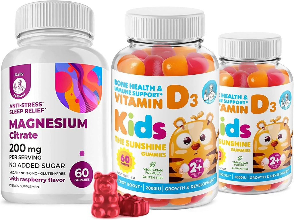 Pastilhas de vitamina D para crianças e adultos 2000 UI e pastilhas de magnésio - Suplementos saudáveis de vitamina D3 1000UI - Vegetarian Gelatin-Free Imune Support com mastigações calmas de magnésio sem açúcar para crianças e adultos